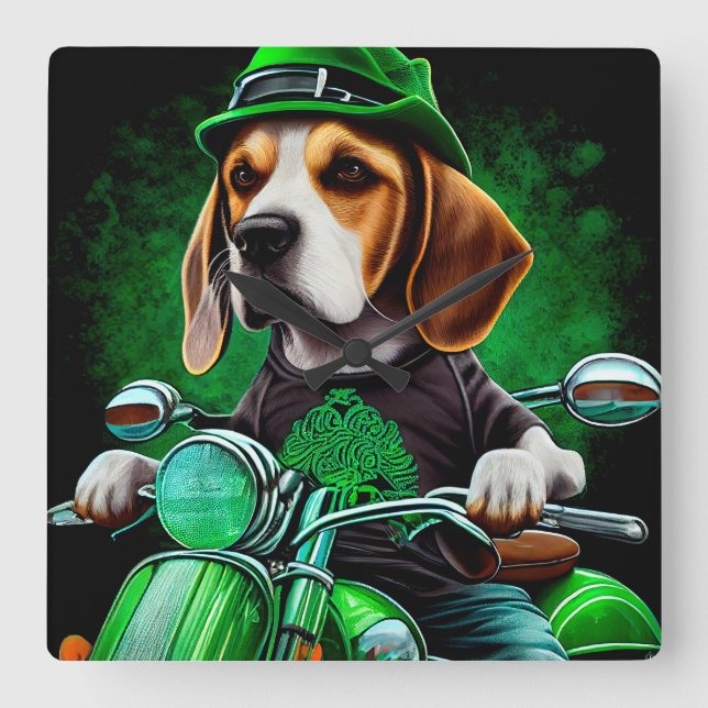 Beagle Dog driving bike St. Patrick's Day Square Wall Clock (Front)