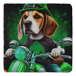 Beagle Dog driving bike St. Patrick's Day Trivet
