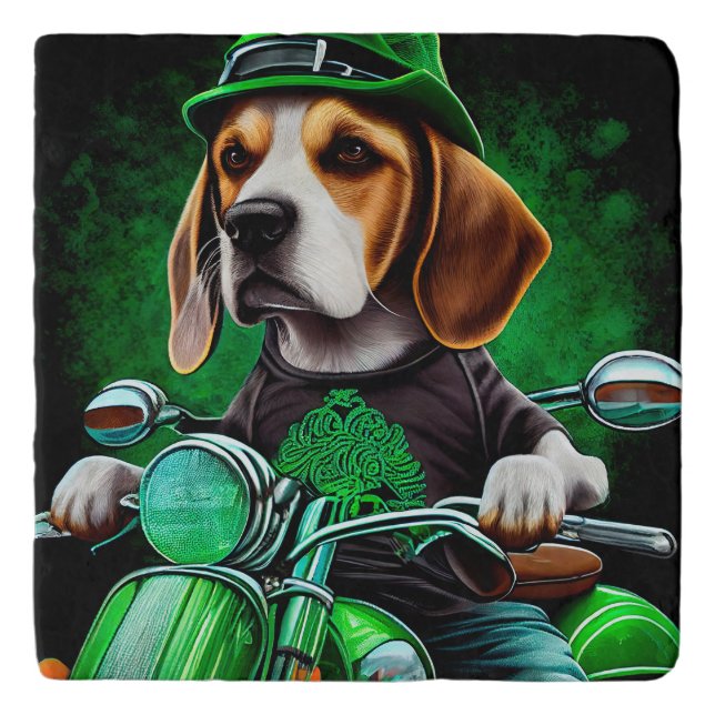 Beagle Dog driving bike St. Patrick's Day Trivet (Front)