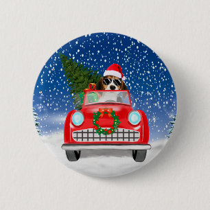 Beagle Dog Driving Car In Snow Christmas Button