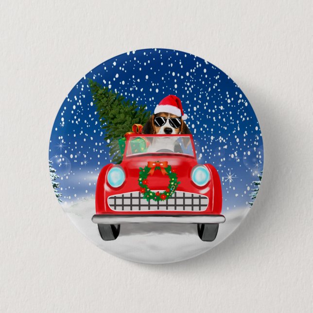Beagle Dog Driving Car In Snow Christmas  Button (Front)