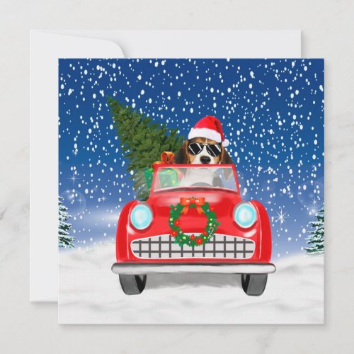 Beagle Dog Driving Car In Snow Christmas Card