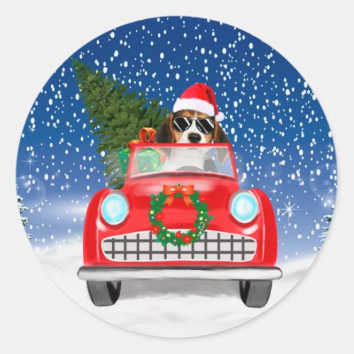 Beagle Dog Driving Car In Snow Christmas  Classic Round Sticker