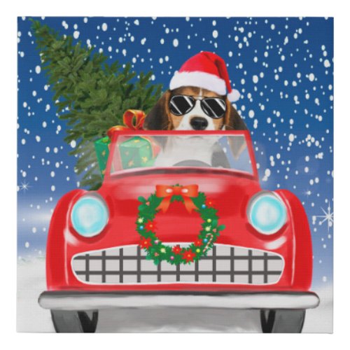 Beagle Dog Driving Car In Snow Christmas  Faux Canvas Print