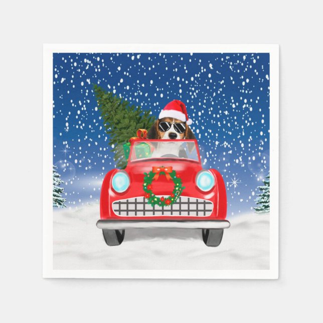 Beagle Dog Driving Car In Snow Christmas  Napkins (Front)