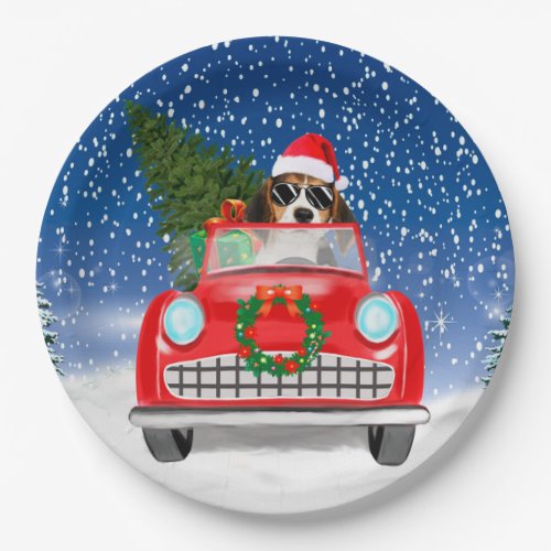 Beagle Dog Driving Car In Snow Christmas Paper Plates