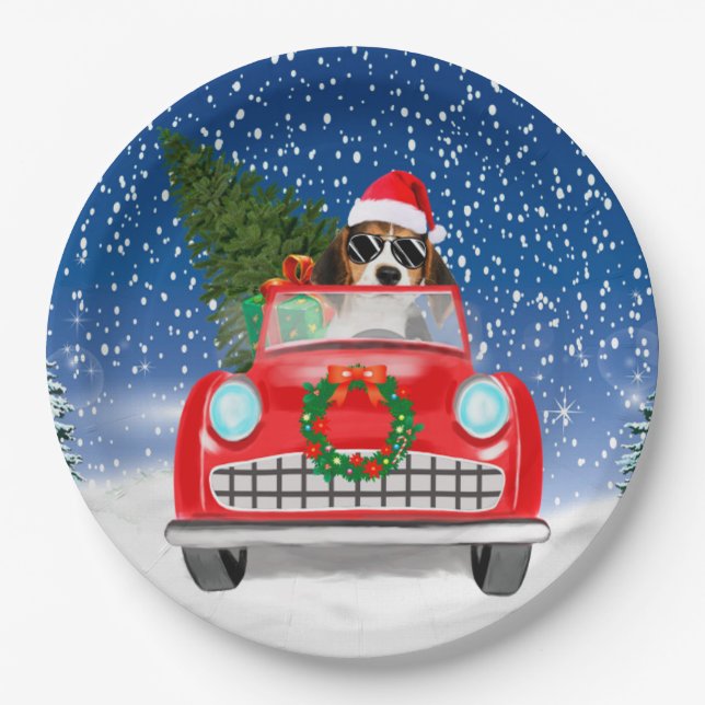 Beagle Dog Driving Car In Snow Christmas Paper Plates (Front)