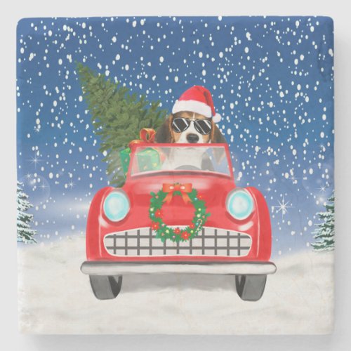 Beagle Dog Driving Car In Snow Christmas  Stone Coaster