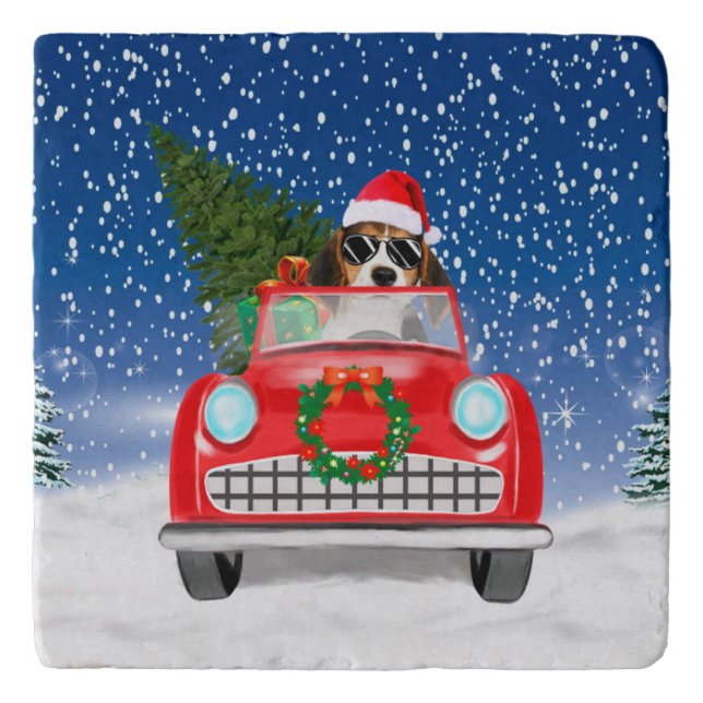 Beagle Dog Driving Car In Snow Christmas Trivet (Front)