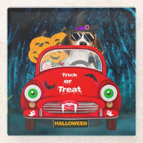 Beagle Dog Driving Car Scary Halloween Glass Coaster