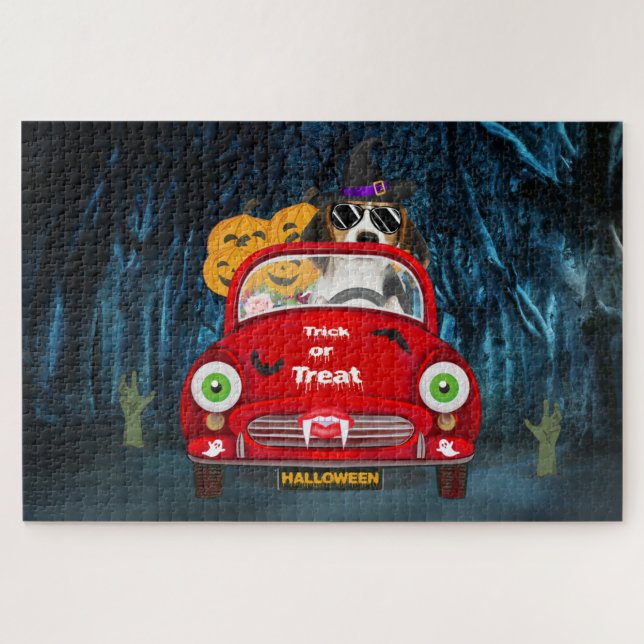 Beagle Dog Driving Car Scary Halloween Jigsaw Puzzle (Horizontal)