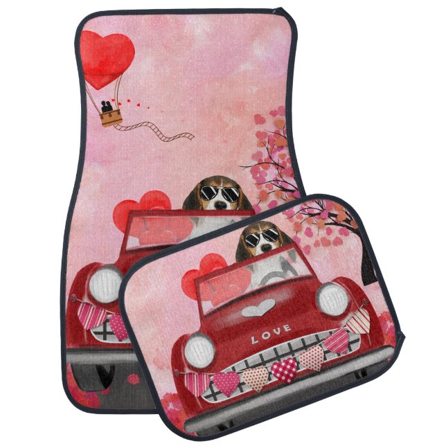 Beagle Dog Driving Car with Hearts Valentine's Car Floor Mat (Set)
