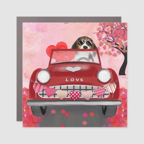 Beagle Dog Driving Car with Hearts Valentines Car Magnet