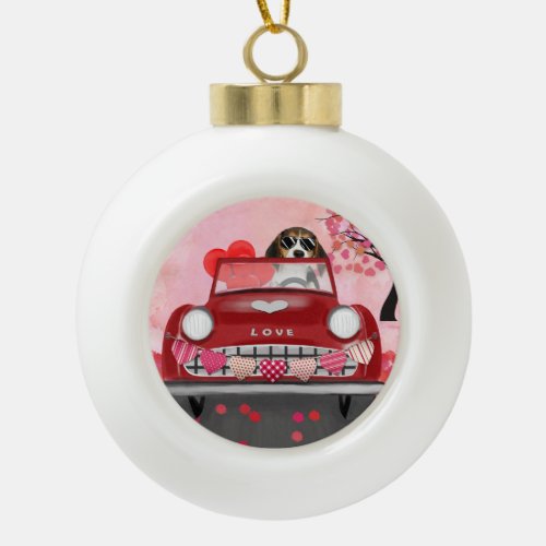 Beagle Dog Driving Car with Hearts Valentines  Ceramic Ball Christmas Ornament