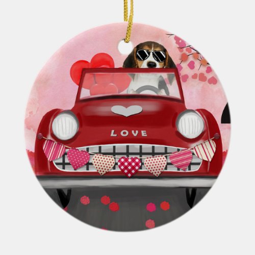 Beagle Dog Driving Car with Hearts Valentines  Ceramic Ornament