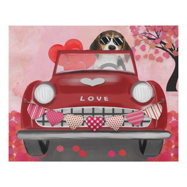 Beagle Dog Driving Car with Hearts Valentine's  Faux Canvas Print (Front)