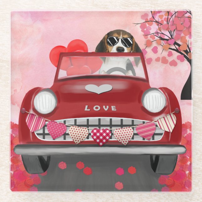 Beagle Dog Driving Car with Hearts Valentine's  Glass Coaster (Front)