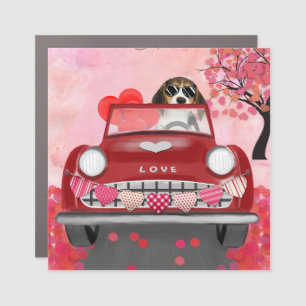 Beagle Dog Driving Car with Hearts Valentine's Magnet
