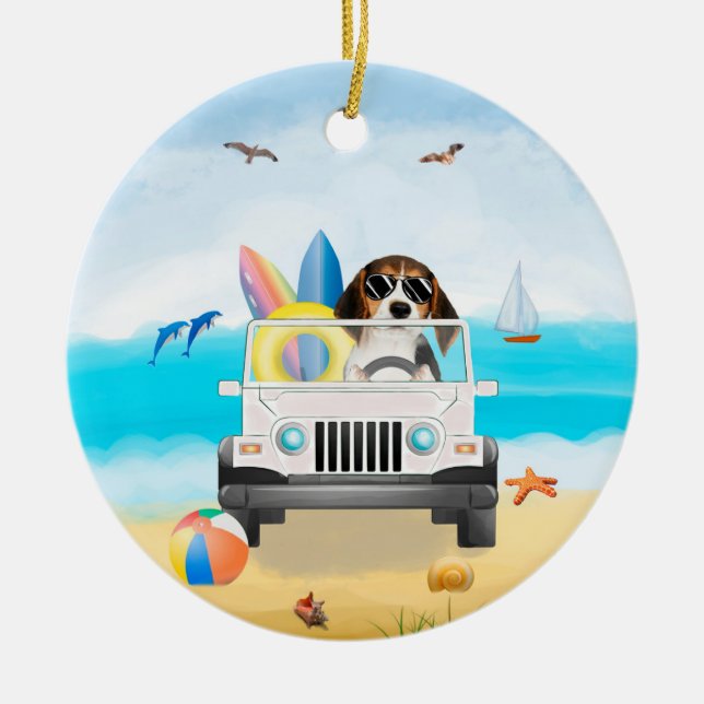 beagle Dog Driving on Beach  Ceramic Ornament (Front)
