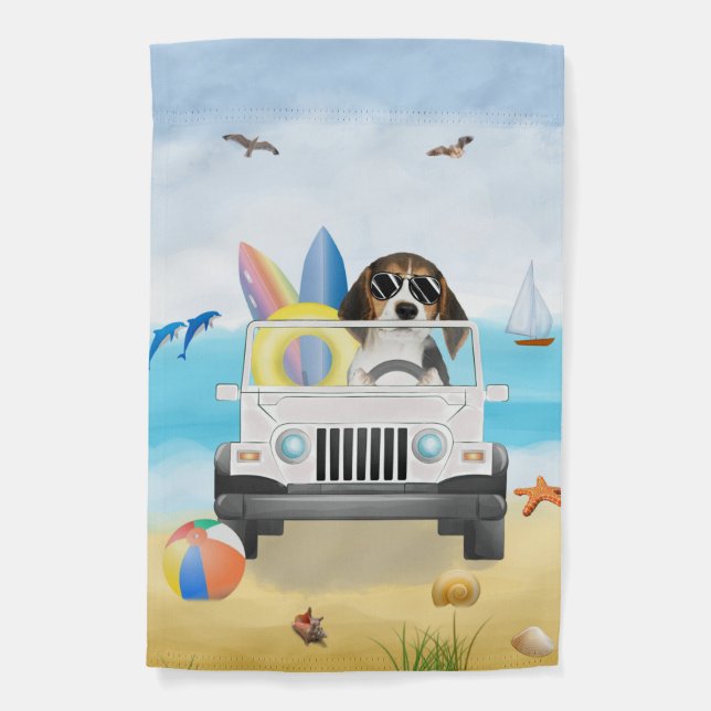 Beagle Dog Driving on Beach Summer Coastal Garden Flag (Front)