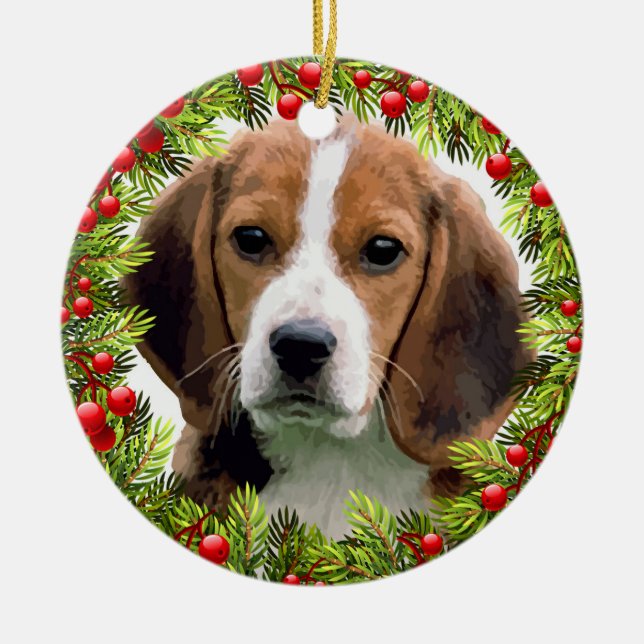 Beagle Dog Elegant Watercolor Christmas Ceramic Ornament (Front)
