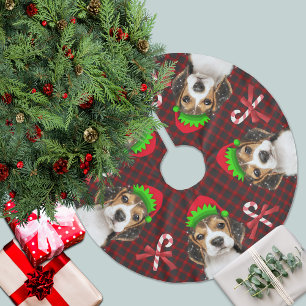 Beagle Dog Elves Candy Canes Buffalo Plaid Brushed Polyester Tree Skirt