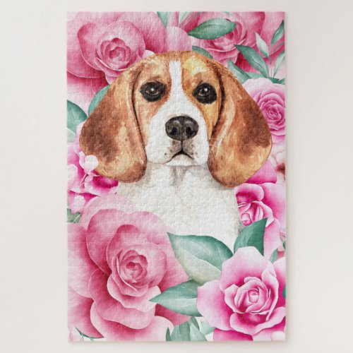 Beagle dog face watercolor drawing pink rose jigsaw puzzle