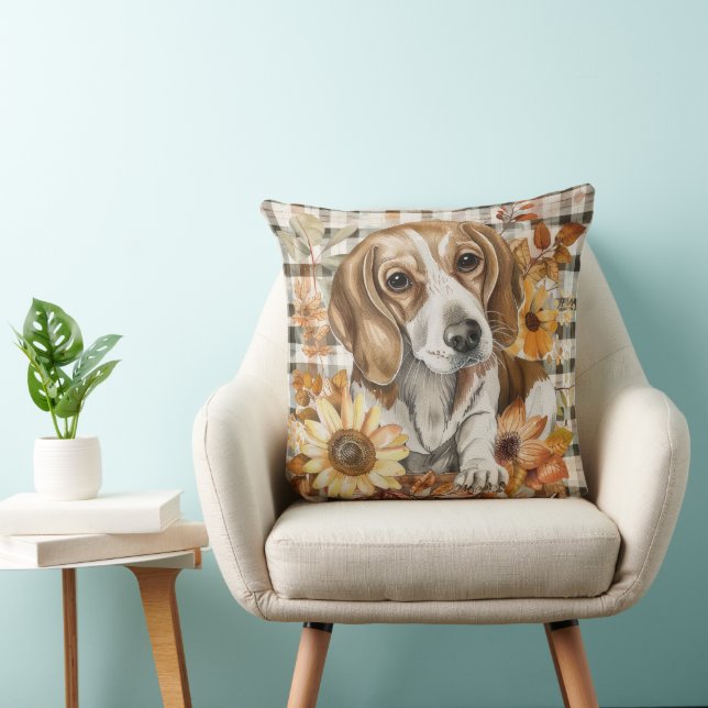 Beagle Dog Fall Watercolor Flowers Throw Pillow (Chair)