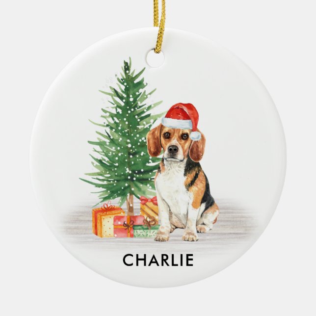 Beagle Dog Festive Santa Personalized Christmas Ceramic Ornament (Front)
