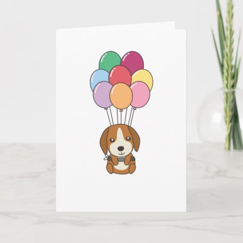 Beagle Dog Flies With Colorful Balloons Card