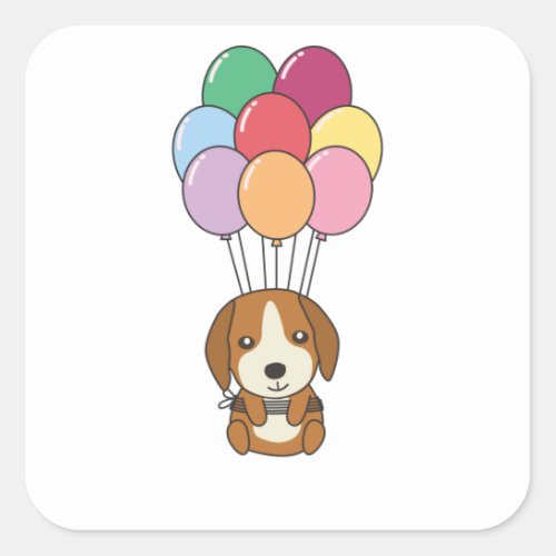 Beagle Dog Flies With Colorful Balloons Square Sticker