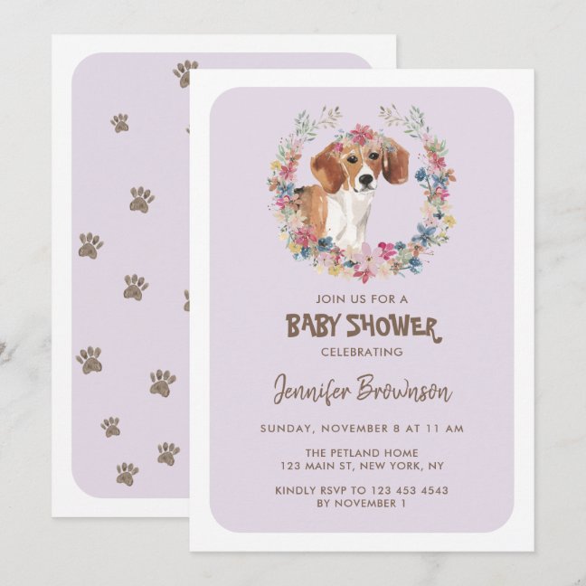 Beagle Dog Floral Crown Baby Shower Invitation