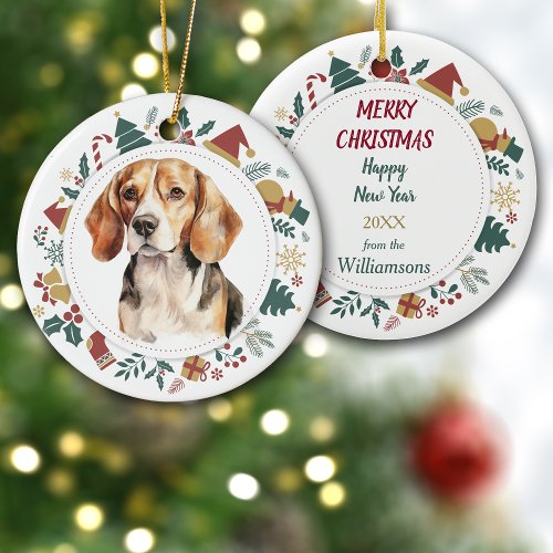Beagle Dog Framed with Christmas Images Ceramic Ornament