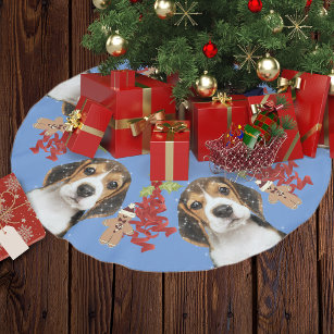 Beagle Dog Fun Festivities Christmas   Blue Brushed Polyester Tree Skirt