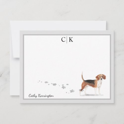 Beagle Dog Gray Border Monogram Your Name Note Card