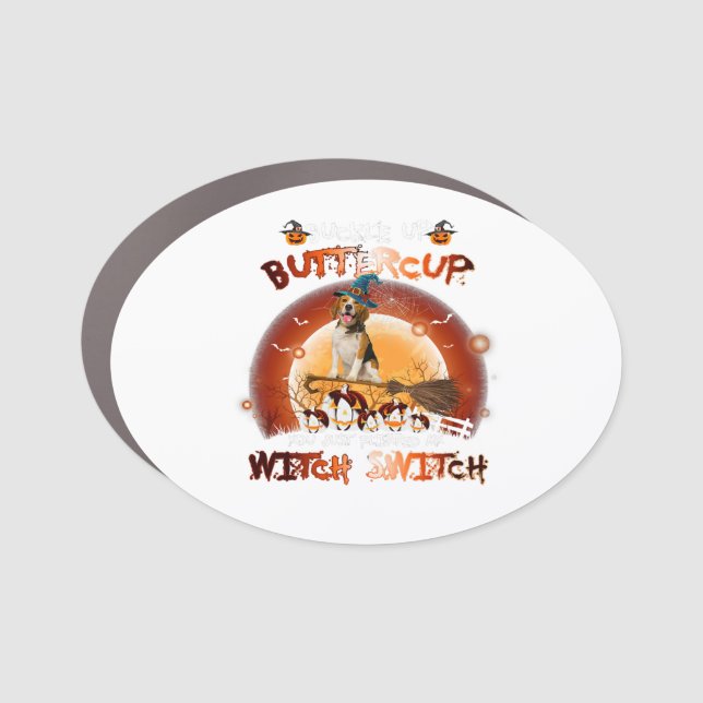 Beagle Dog Halloween Witch Costume Buckle Up Butte Car Magnet (Front)
