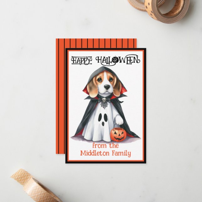 Beagle Dog Happy Halloween Note Card (Front/Back In Situ)