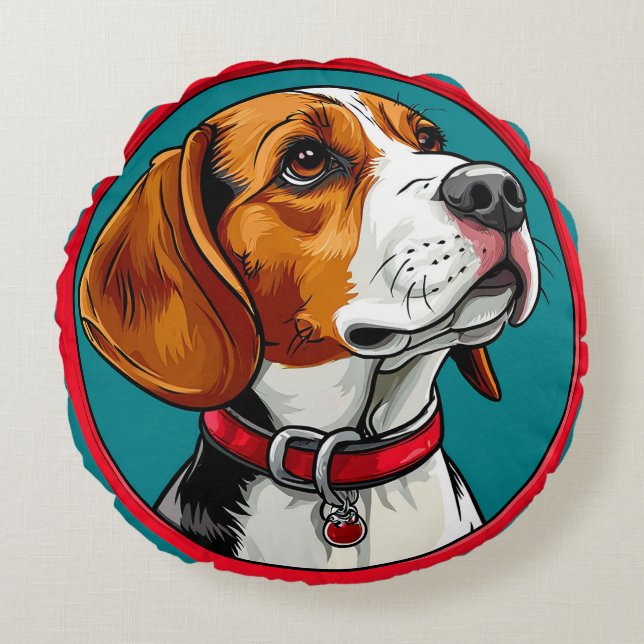 Beagle Dog in a Red Collar Round Pillow (Front)