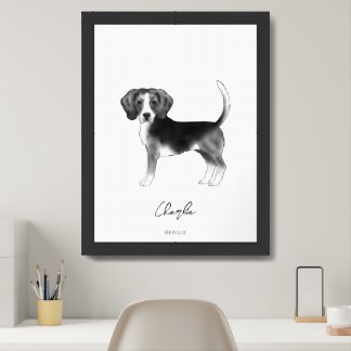 Beagle Dog In Black And White With Custom Text Framed Art
