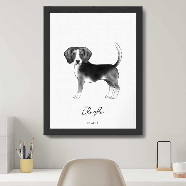 Beagle Dog In Black And White With Custom Text Framed Art (Home Office)