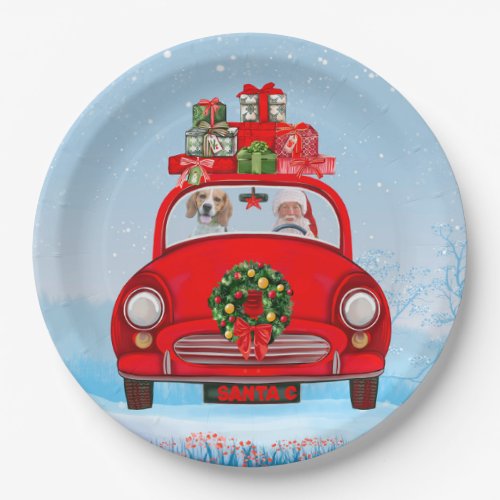 Beagle Dog In Car With Santa Claus Paper Plates
