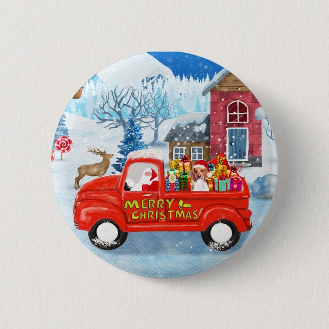 Beagle Dog in Christmas Delivery Truck Snow  Button (Front)