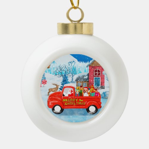Beagle Dog in Christmas Delivery Truck Snow Ceramic Ball Christmas Ornament
