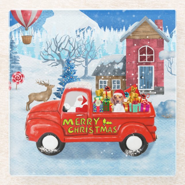 Beagle Dog in Christmas Delivery Truck Snow Glass Coaster (Front)