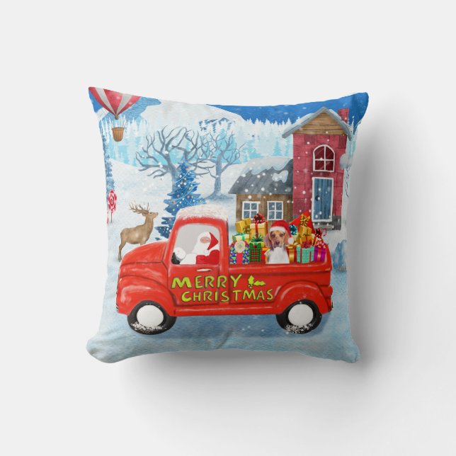 Beagle Dog in Christmas Delivery Truck Snow Throw Pillow (Front)