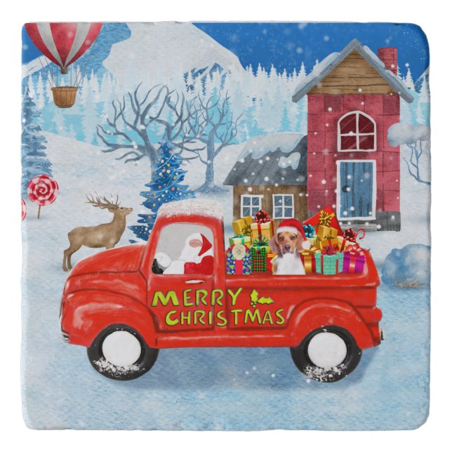 Beagle Dog in Christmas Delivery Truck Snow Trivet (Front)