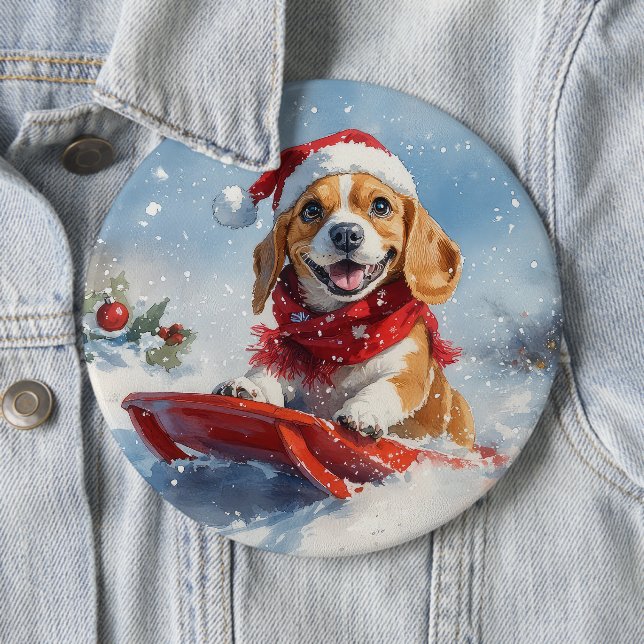 Beagle Dog in Sledge Let it Snow Christmas Button (In Situ)