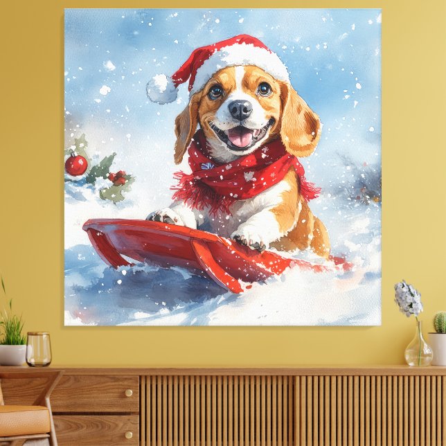 Beagle Dog in Sledge Let it Snow Christmas Canvas Print (Insitu(LivingRoom))