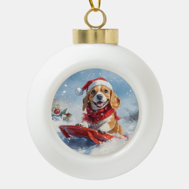 Beagle Dog in Sledge Let it Snow Christmas Ceramic Ball Christmas Ornament (Front)