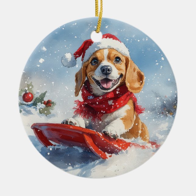 Beagle Dog in Sledge Let it Snow Christmas Ceramic Ornament (Front)